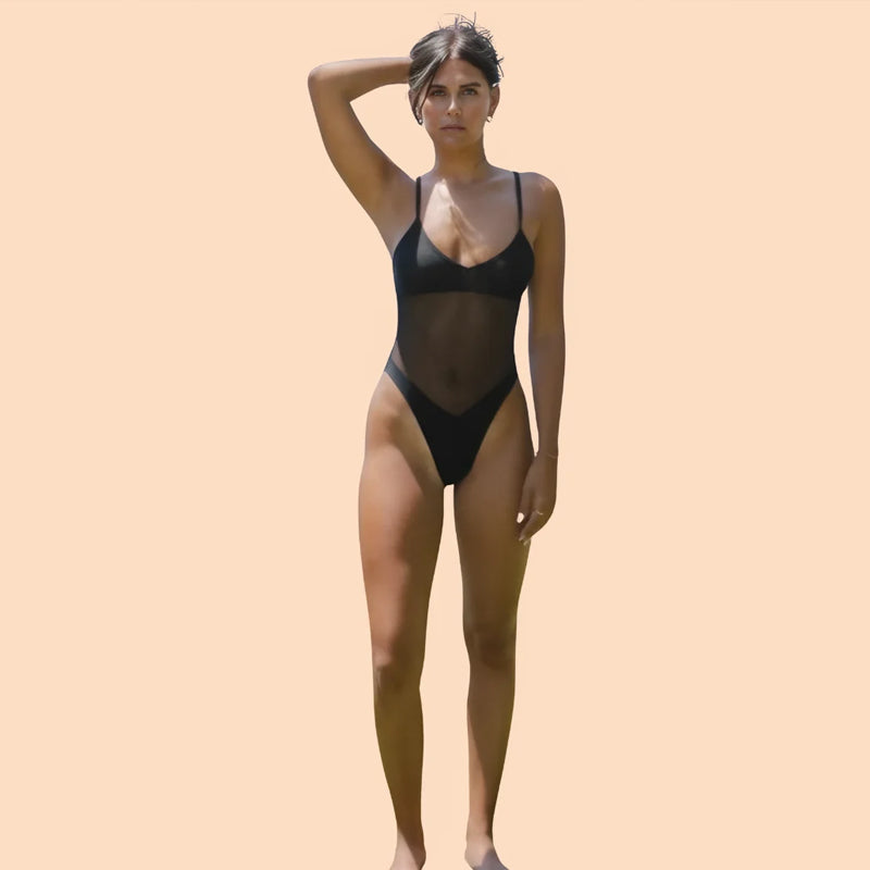 "Snabbtorkande kvinnlig baddräkt, sexig design, minimal täckning på mage och rygg för jämn solbränna, chic look."