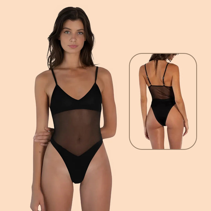 "Snabbtorkande kvinnlig baddräkt, sexig design, minimal täckning på mage och rygg för jämn solbränna, chic look."