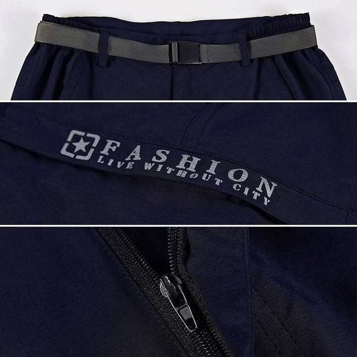 Snabbtorkande sportshorts för män, justerbart bälte, grå färg, elastiskt tyg, vattentäta för träning och fritid.