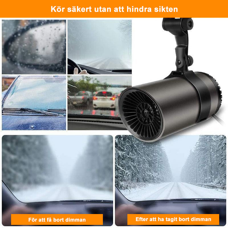 "Snabbvärmande varmluftsfläkt för bil med roterbart fäste, kompakt design, passar perfekt i bilens instrumentbräda."