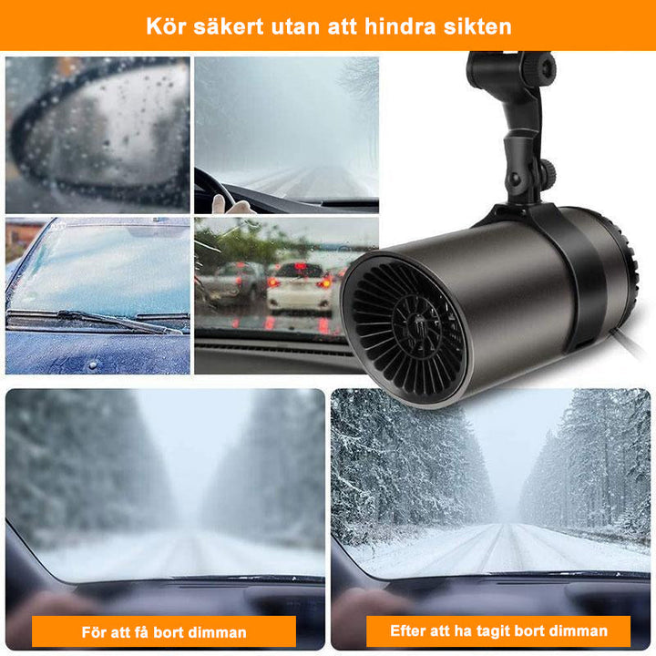 "Snabbvärmande varmluftsfläkt för bil med roterbart fäste, kompakt design, passar perfekt i bilens instrumentbräda."
