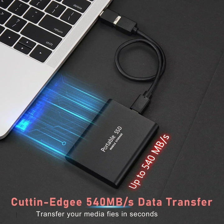 Extern SSD 128TB med USB-C, symboliserar snabb filöverföring och effektiv lagring för digital teknik.
