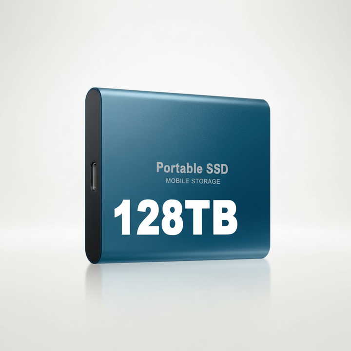 Baksidan av extern SSD 128TB, visar design och USB-C-anslutning. Snabb och säker extern lagringsenhet.