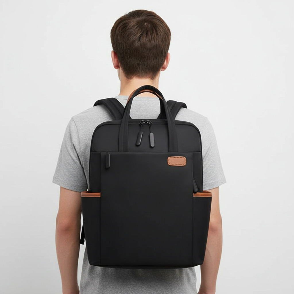 Modern svart stöldskyddsryggsäck i vattentåligt material, ergonomisk design för optimal komfort.