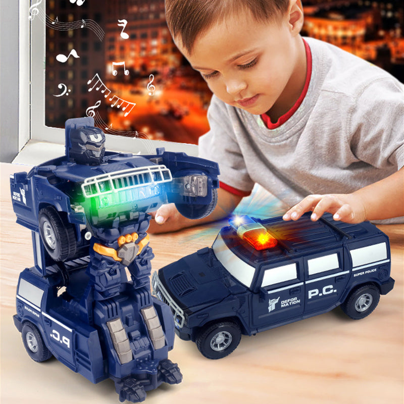 "Snygg transformerande polisbil-leksak för barn med LED-lampor, ljudeffekter och robotfunktionalitet"