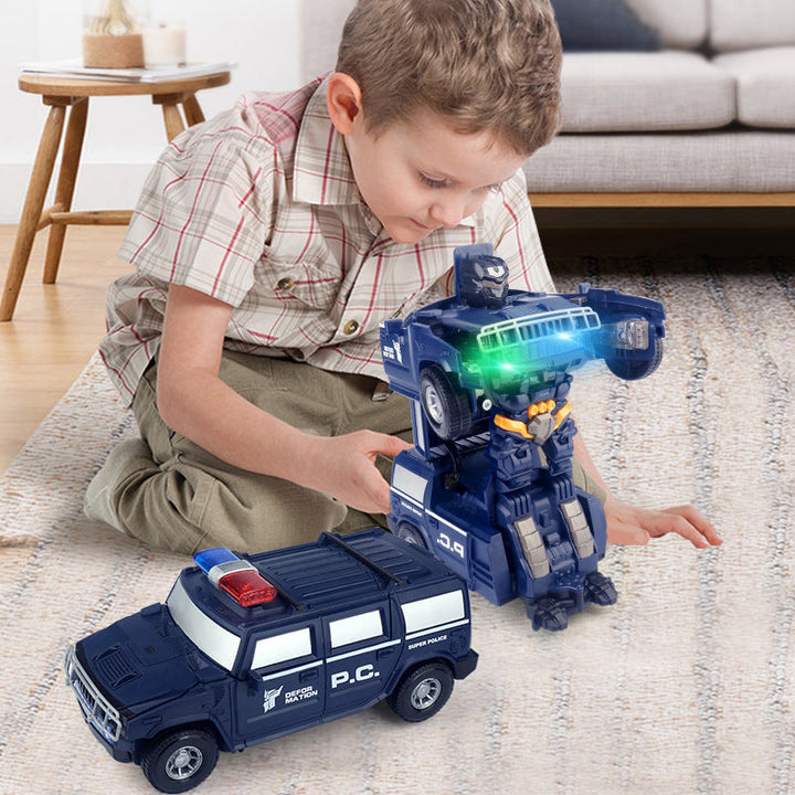 "Snygg transformerande polisbil-leksak för barn med LED-lampor, ljudeffekter och robotfunktionalitet"