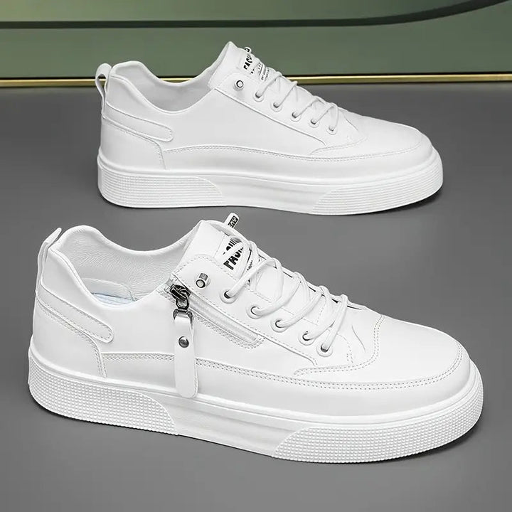 Närbild av dragsystemet på herrskor sneakers i läder, moderna och dämpade, streetwearstil.