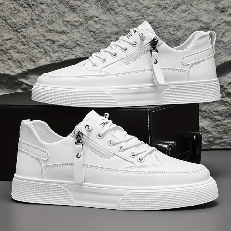 Stilrena herrskor sneakers med dragkedja i läderimitation, svarta, moderna och dämpade för komfort.