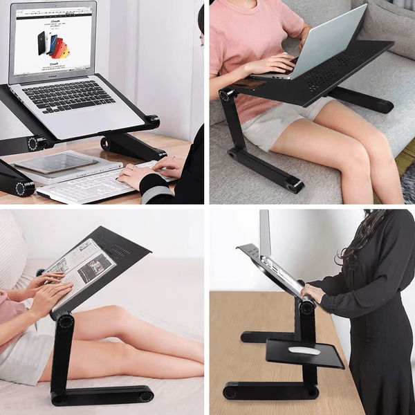Ergonomiskt laptopstativ, svart med roterbar bas, förbättrar komfort och hållning vid skrivbordet.