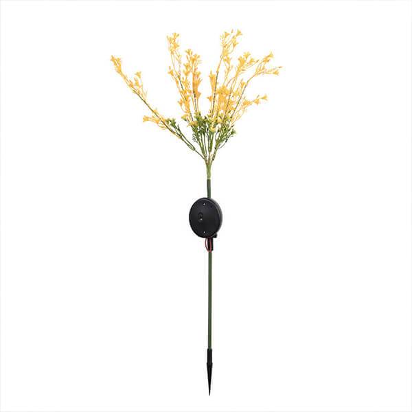 "Solar-drivet utomhusljus med gyllene blommönster som lyser upp trädgården, hållbar IP65 vattentät design, 65 cm högt."