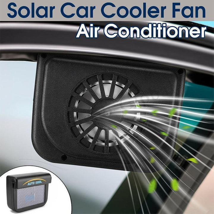 "Solcellsdriven bilfläkt i fönster, svart, kompakt design, ger naturlig ventilation och sänker bilens temperatur miljövänligt
