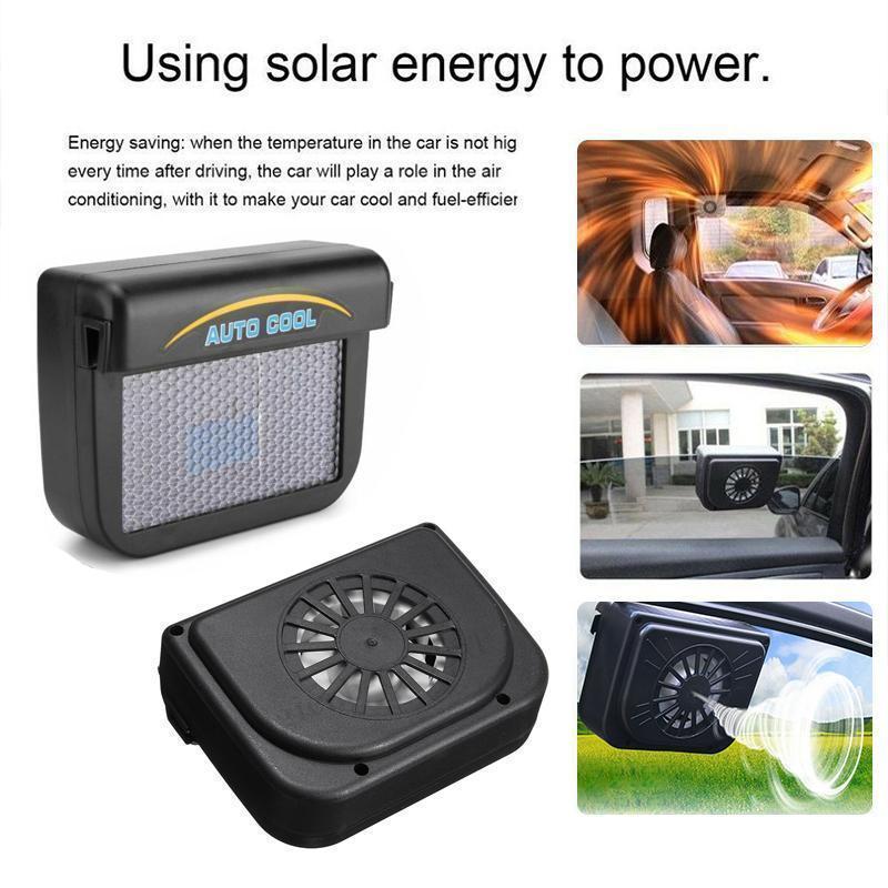 "Solcellsdriven bilfläkt i fönster, svart, kompakt design, ger naturlig ventilation och sänker bilens temperatur miljövänligt