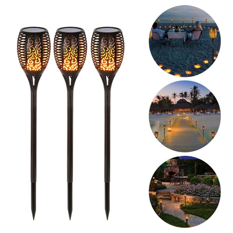 Solcellsdriven LED-bordslampa med flammande ljus, skimrar som naturliga eldflammor; perfekt för atmosfärisk utomhusbelysning.