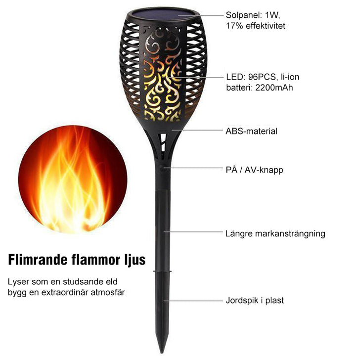 Solcellsdriven LED-bordslampa med flammande ljus, skimrar som naturliga eldflammor; perfekt för atmosfärisk utomhusbelysning.