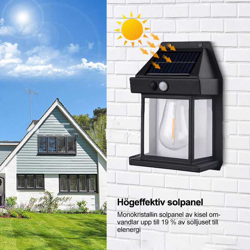 "Solcellsdriven vägglampa utomhus med sensor, elegant vit design, enkel montering, energibesparing och vädertålig."