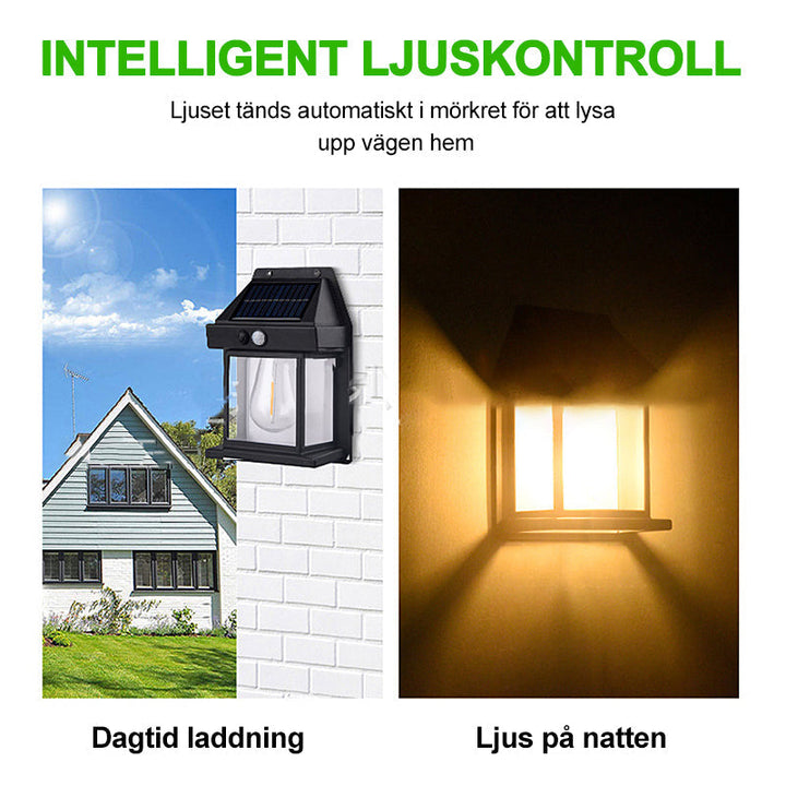 "Solcellsdriven vägglampa utomhus med sensor, elegant vit design, enkel montering, energibesparing och vädertålig."