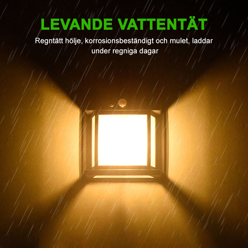 "Solcellsdriven vägglampa utomhus med sensor, elegant vit design, enkel montering, energibesparing och vädertålig."