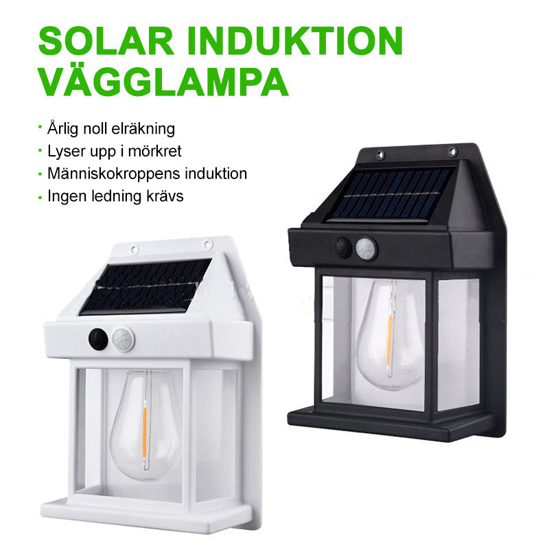 "Solcellsdriven vägglampa utomhus med sensor, elegant vit design, enkel montering, energibesparing och vädertålig."