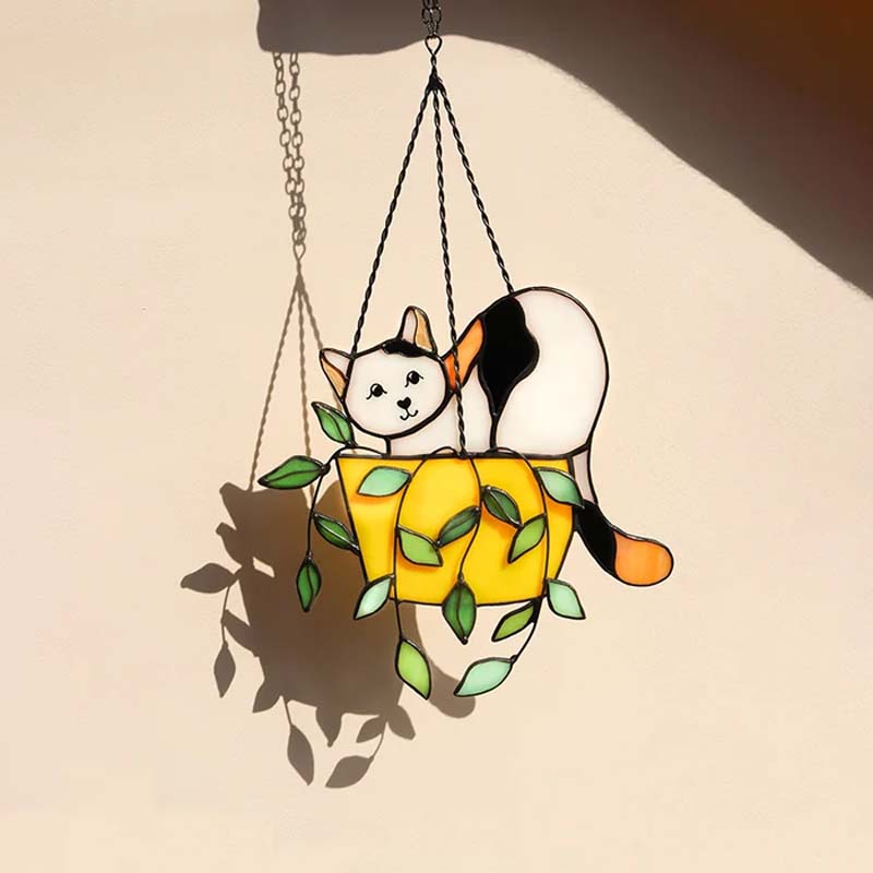 "Solfångare glasfönsterhängare med katt i blomkruka, levande färger, för trädgårdsdekoration och soligt fönster"