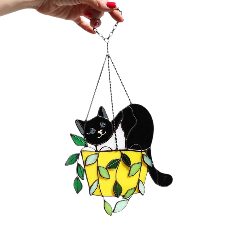 "Solfångare glasfönsterhängare med katt i blomkruka, levande färger, för trädgårdsdekoration och soligt fönster"