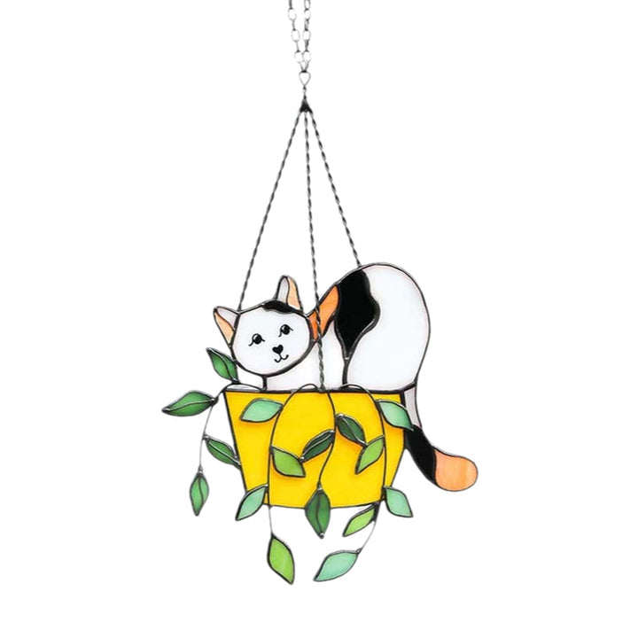 "Solfångare glasfönsterhängare med katt i blomkruka, levande färger, för trädgårdsdekoration och soligt fönster"