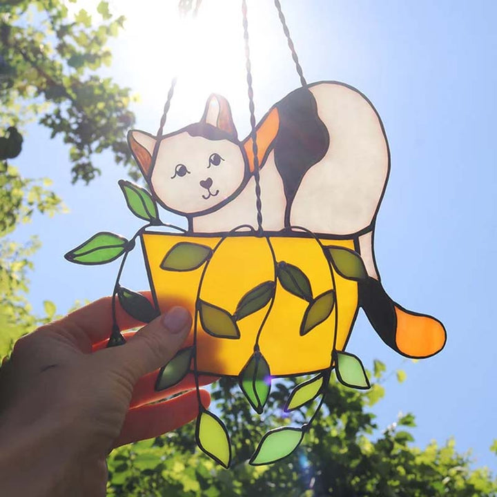 "Solfångare glasfönsterhängare med katt i blomkruka, levande färger, för trädgårdsdekoration och soligt fönster"