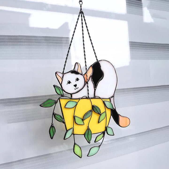 "Solfångare glasfönsterhängare med katt i blomkruka, levande färger, för trädgårdsdekoration och soligt fönster"