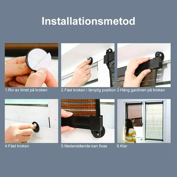 Solskydd med sugkoppar på fönster, svart PVC-material, mot UV-strålar, anpassningsbart för olika fönsterstorlekar.