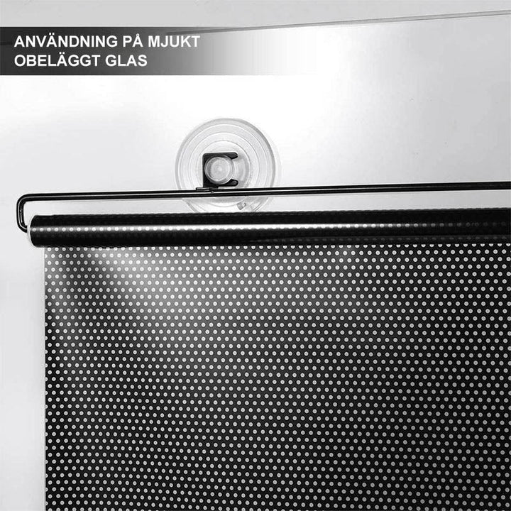 Solskydd med sugkoppar på fönster, svart PVC-material, mot UV-strålar, anpassningsbart för olika fönsterstorlekar.