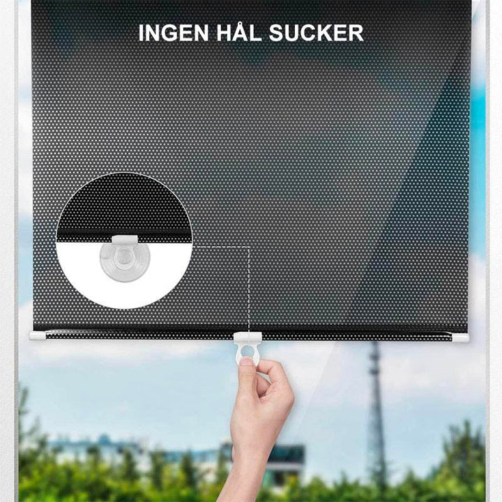 Solskydd med sugkoppar på fönster, svart PVC-material, mot UV-strålar, anpassningsbart för olika fönsterstorlekar.