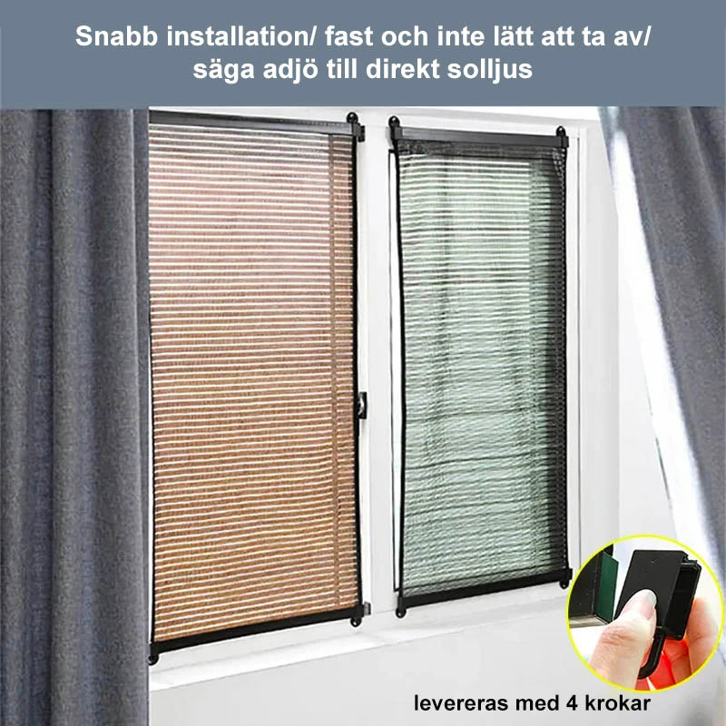 Solskydd med sugkoppar på fönster, svart PVC-material, mot UV-strålar, anpassningsbart för olika fönsterstorlekar.