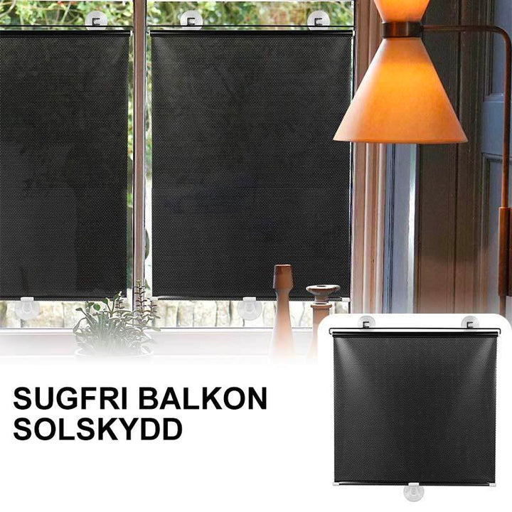 Solskydd med sugkoppar på fönster, svart PVC-material, mot UV-strålar, anpassningsbart för olika fönsterstorlekar.