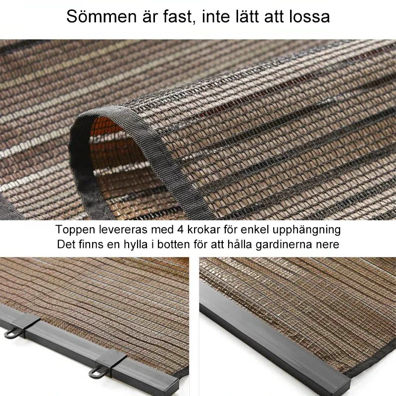 Solskydd med sugkoppar på fönster, svart PVC-material, mot UV-strålar, anpassningsbart för olika fönsterstorlekar.