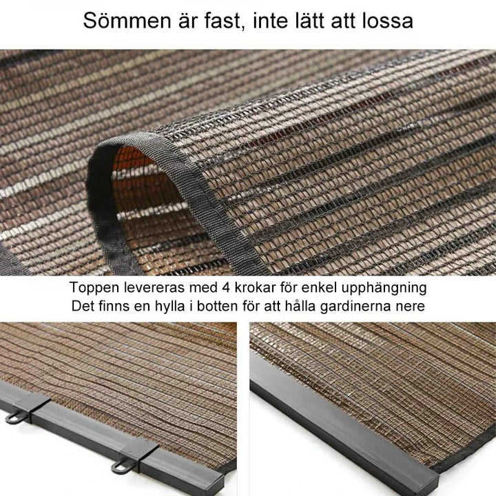 Solskydd med sugkoppar på fönster, svart PVC-material, mot UV-strålar, anpassningsbart för olika fönsterstorlekar.