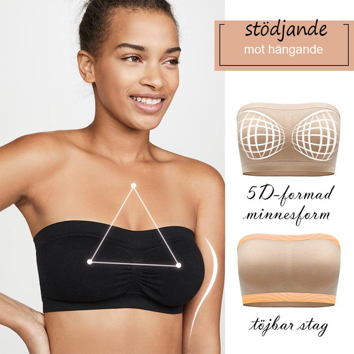 "Sömlös bandeau BH för damer, beige nylon och bomullsblandning, avtagbart skumfoder, breda sidovingar för komfort och stöd."