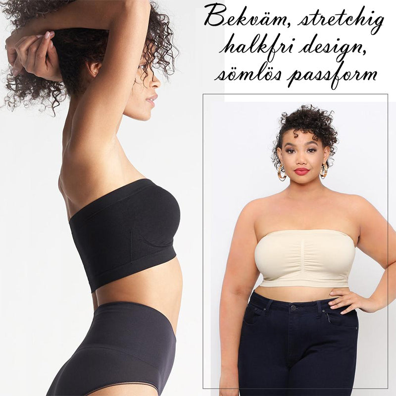 "Sömlös bandeau BH för damer, beige nylon och bomullsblandning, avtagbart skumfoder, breda sidovingar för komfort och stöd."