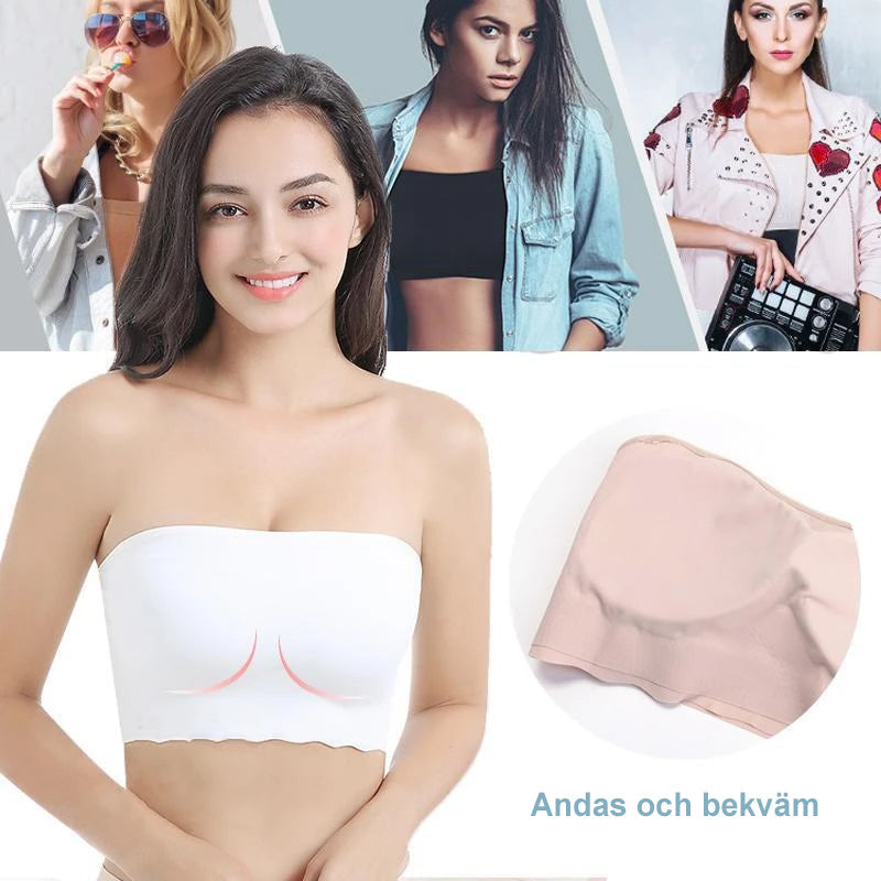 "Sömlös bandeau topp i mjuk nylon, vit färg, vår/somrig look, sömlös design, inga byglar, bekväm och stilren."
