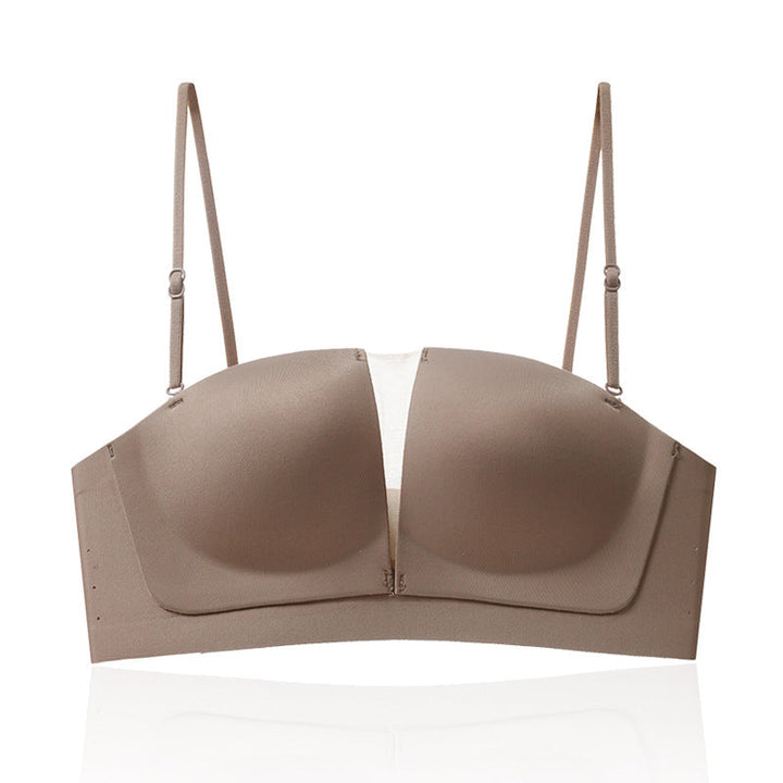 "Sömlös bh i beige med 3D-lyft, halkfri funktion, formande design. Bekväm och stilren med avancerad teknologi."