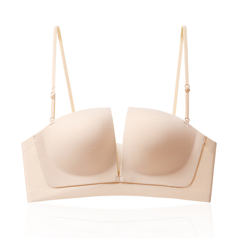 "Sömlös bh i beige med 3D-lyft, halkfri funktion, formande design. Bekväm och stilren med avancerad teknologi."