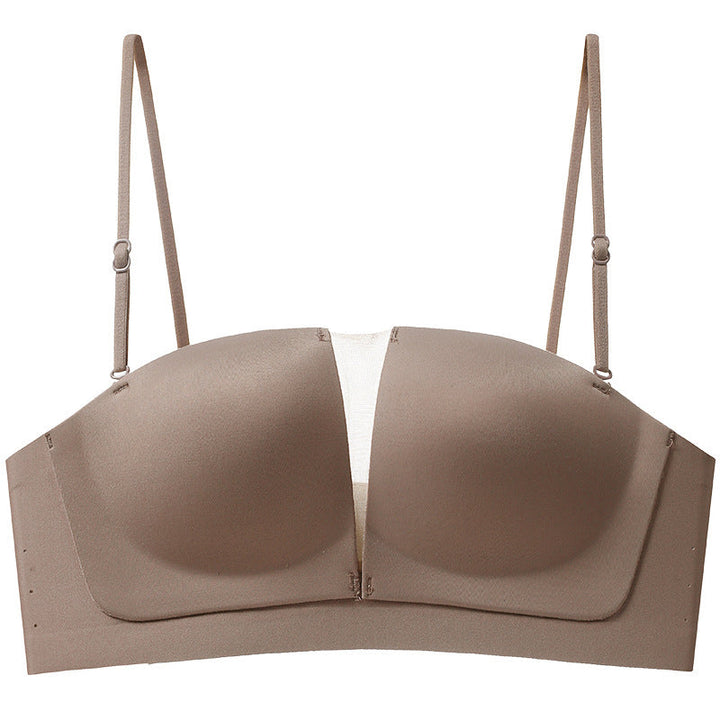 "Sömlös bh i beige med 3D-lyft, halkfri funktion, formande design. Bekväm och stilren med avancerad teknologi."