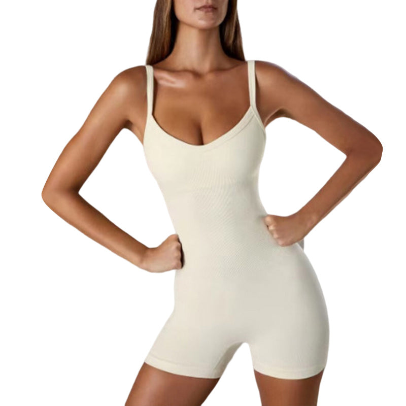 "Sömlös damjumpsuit i polyester, magkontroll, justerbara band, vadderad BH, lyft för höfter och rumpa, smickrande passform."