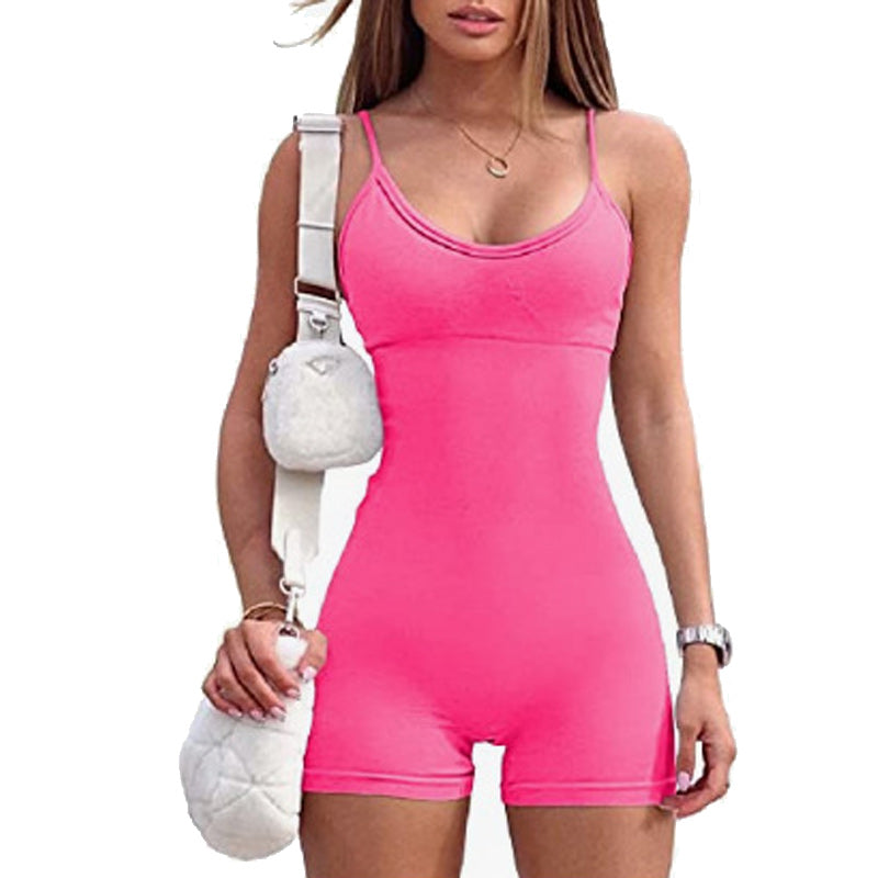 "Sömlös damjumpsuit i polyester, magkontroll, justerbara band, vadderad BH, lyft för höfter och rumpa, smickrande passform."
