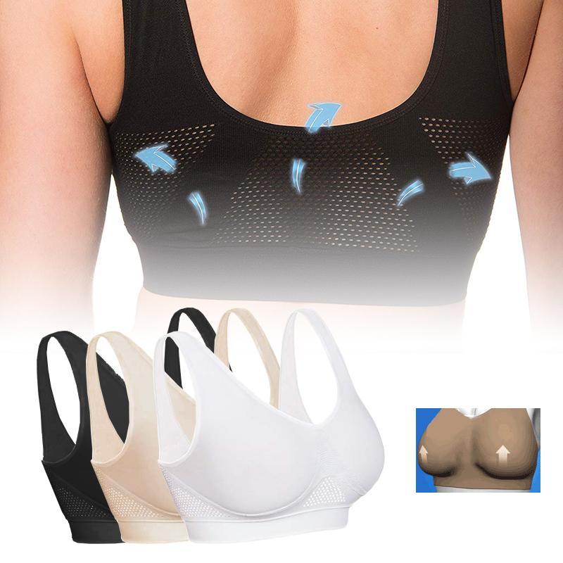"Sömlös komfort-bh utan ståltråd, mjuk nylon-spandex, breda remmar, mesh-kylplattor, perfekt stöd för kvinnor."