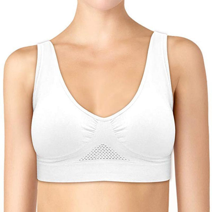 "Sömlös komfort-bh utan ståltråd, mjuk nylon-spandex, breda remmar, mesh-kylplattor, perfekt stöd för kvinnor."