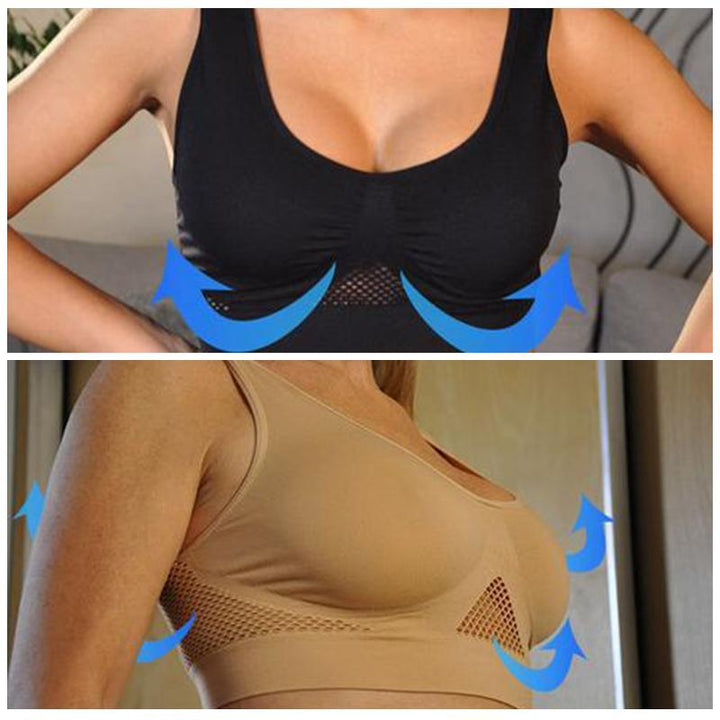 "Sömlös komfort-bh utan ståltråd, mjuk nylon-spandex, breda remmar, mesh-kylplattor, perfekt stöd för kvinnor."