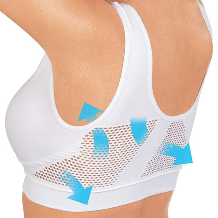 "Sömlös komfort-bh utan ståltråd, mjuk nylon-spandex, breda remmar, mesh-kylplattor, perfekt stöd för kvinnor."