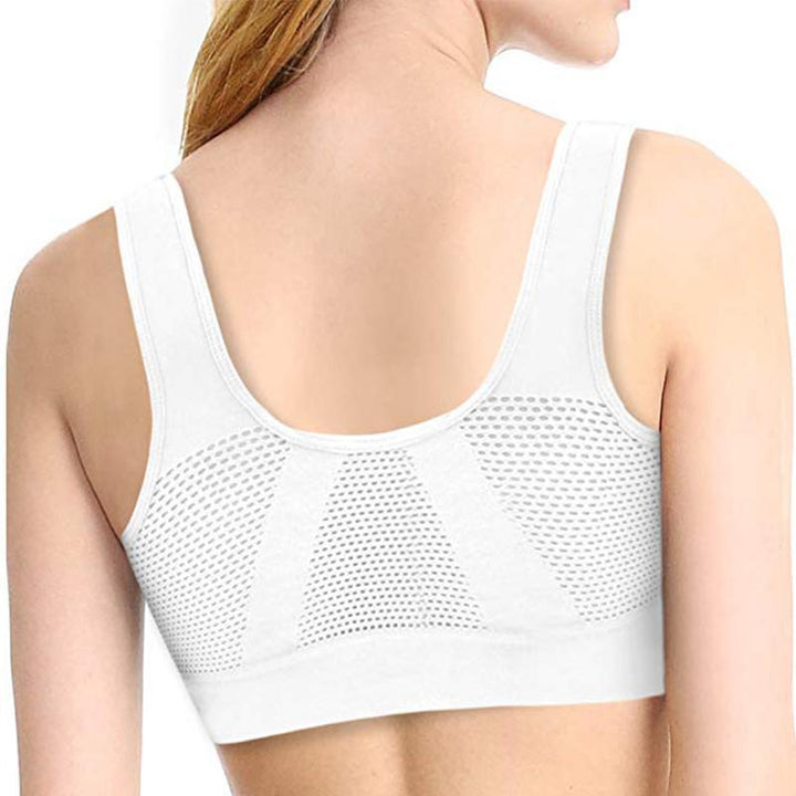 "Sömlös komfort-bh utan ståltråd, mjuk nylon-spandex, breda remmar, mesh-kylplattor, perfekt stöd för kvinnor."