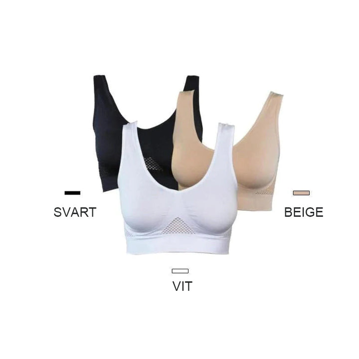 "Sömlös komfort-bh utan ståltråd, mjuk nylon-spandex, breda remmar, mesh-kylplattor, perfekt stöd för kvinnor."