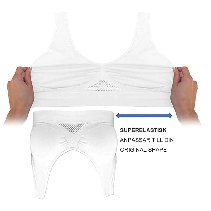 "Sömlös komfort-bh utan ståltråd, mjuk nylon-spandex, breda remmar, mesh-kylplattor, perfekt stöd för kvinnor."