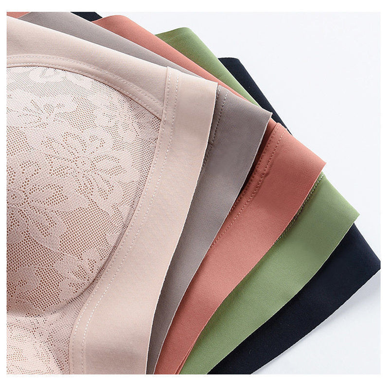 "Sömlös latex dam bh, formande, utan bygel, i beige; ger komfort och stöd, med antibakteriell design."